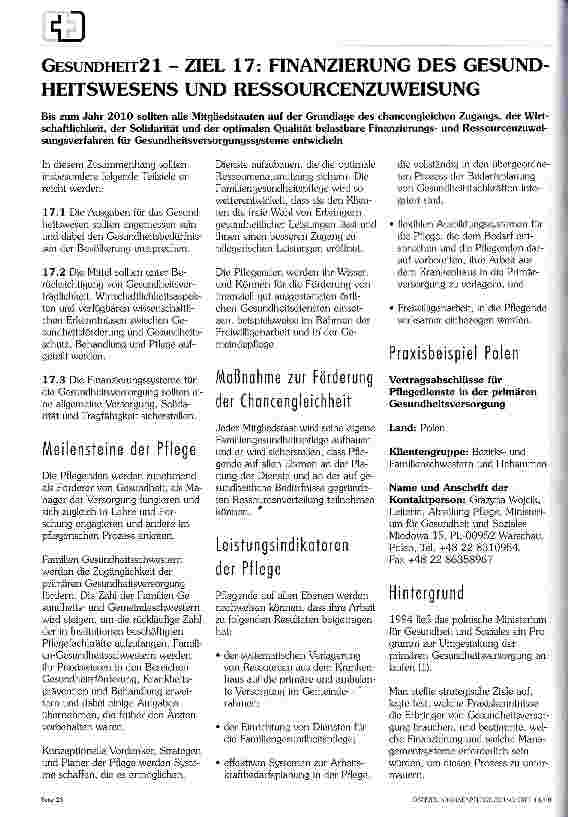 Vorschauseite 1: Gesundheit 21 - Ziel 17: Finanzierung des Gesundheitswesens und Ressourcenzuweisung