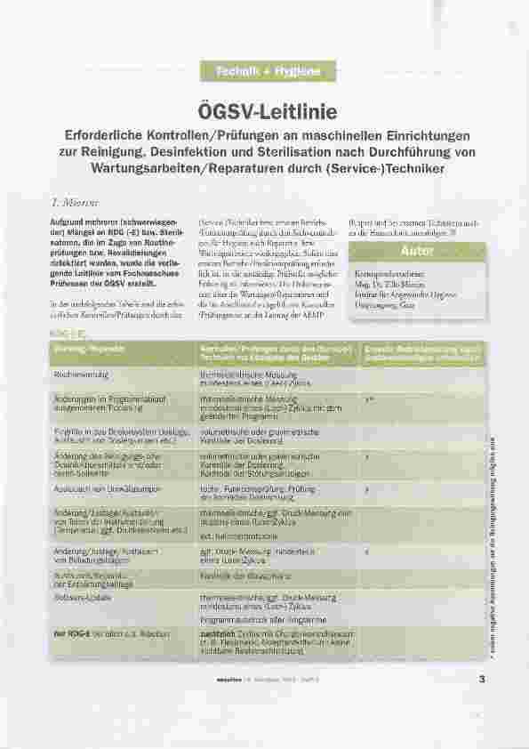 Vorschauseite 1: ÖGSV-LeitlinieErforderiiche Kontrollen/Prüfungen an maschinellen Einrichtungen zur Reinigung, Desinfektion und Sterilisation nach Durchführung von Wartungsarbeiten/Reparaturen dur…