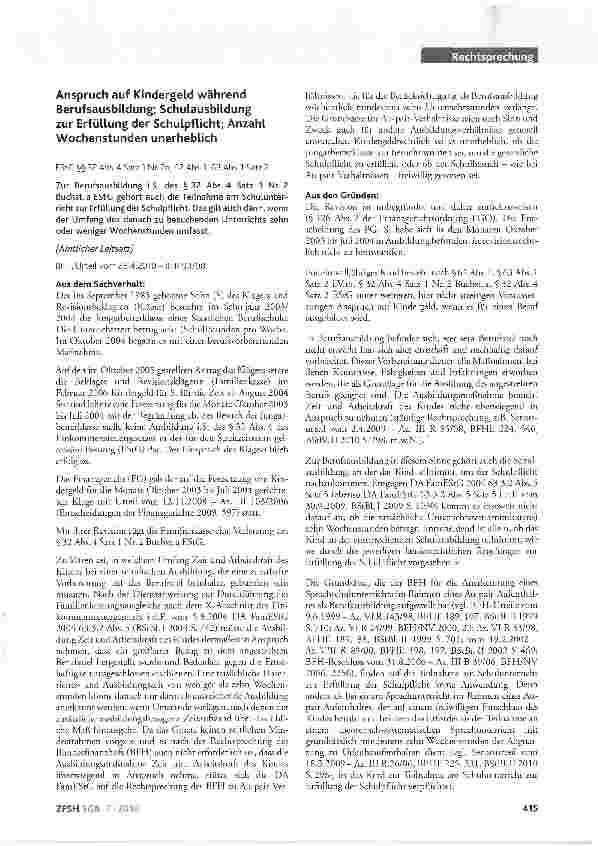 Vorschauseite 1: Anspruch auf Kindergeld während Berufsausbildung; Schulausbildung zur Erfüllung der Schulpflicht; Anzahl Wochenstunden unerheblich