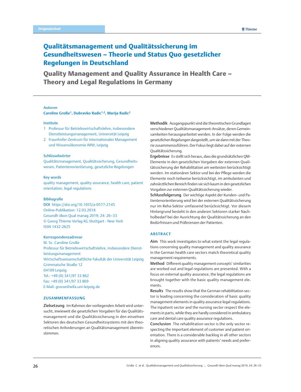 Vorschauseite 1: Qualitätsmanagement und Qualitätssicherung im Gesundheitswesen – Theorie und Status Quo gesetzlicher Regelungen in Deutschland