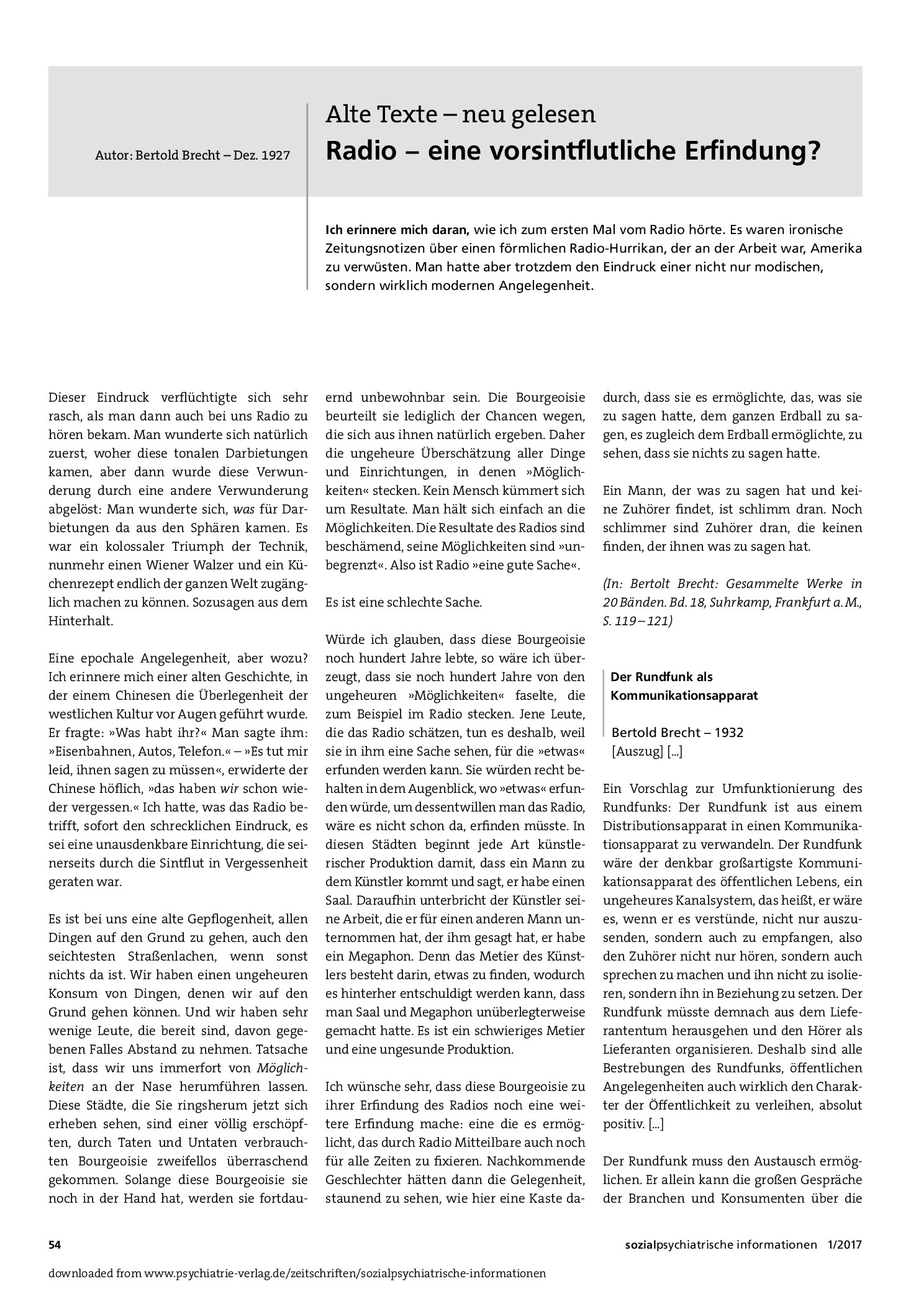 Vorschauseite 1: Alte Texte – neu gelesen; Radio – eine vorsintflutliche Erfindung?