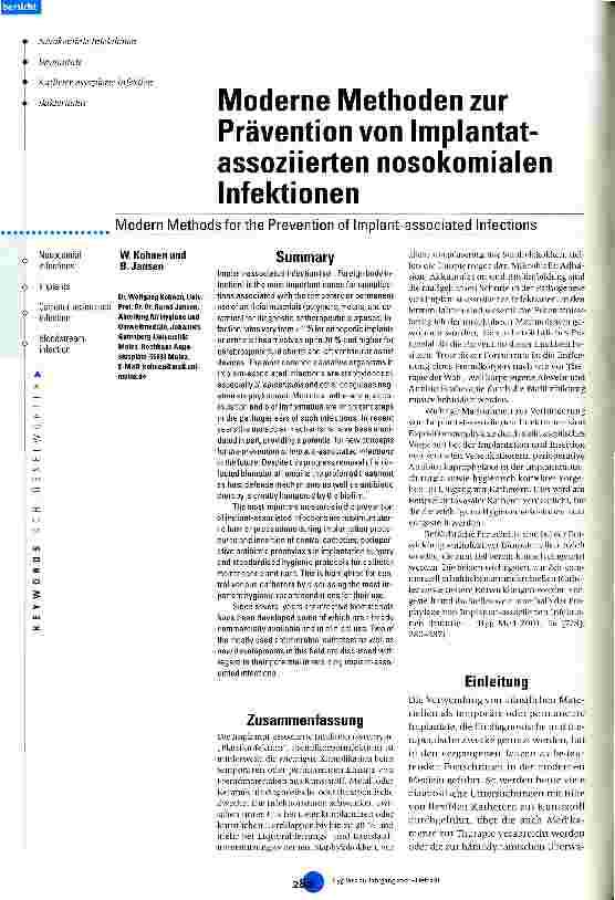 Vorschauseite 1: Moderne Methoden zur Prävention von Implantatassoziierten nosokomialen Infektionen