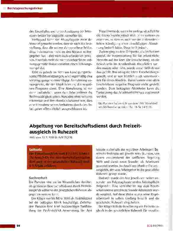 Vorschauseite 1: Abgeltung von Bereitschaftsdienst durch Freizeit ausgleich in RuhezeitBAG vom 22.7.2010 (6 AZR 78/09