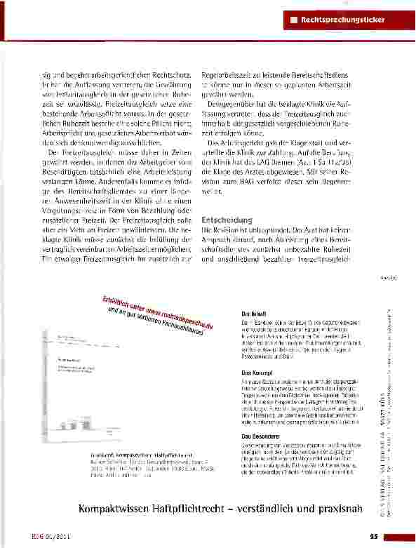 Vorschauseite 2: Abgeltung von Bereitschaftsdienst durch Freizeit ausgleich in RuhezeitBAG vom 22.7.2010 (6 AZR 78/09