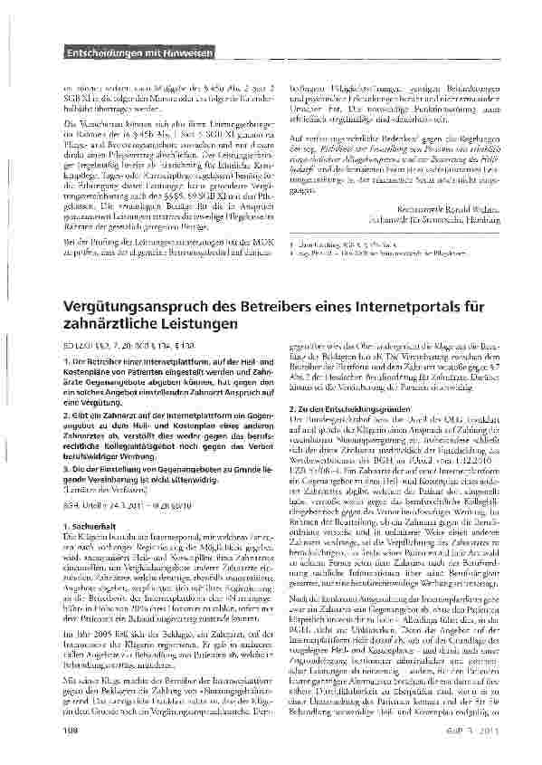 Vorschauseite 1: Vergütungsanspruch des Betreibers eines Internetportals für zahnärztliche Leistungen