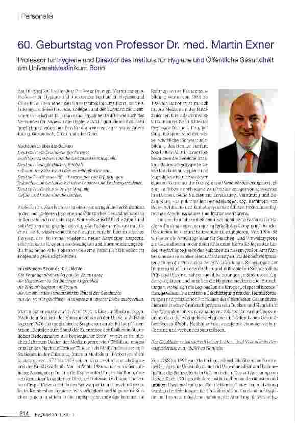 Vorschauseite 1: 60, Geburtstag von Professor Dr. med. Martin Exner Professor für Hygiene und Direktor des Instituts für Hygiene und Öffentliche Gesundheit am Universitätsklinikum Bonn