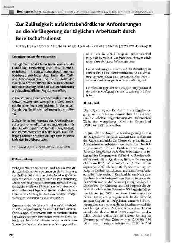 Vorschauseite 1: Zur Zulässigkeit aufsichtsbehördlicher Anforderungen an die Verlängerung der täglichen Arbeitszeit durch Bereitschaftsdienst