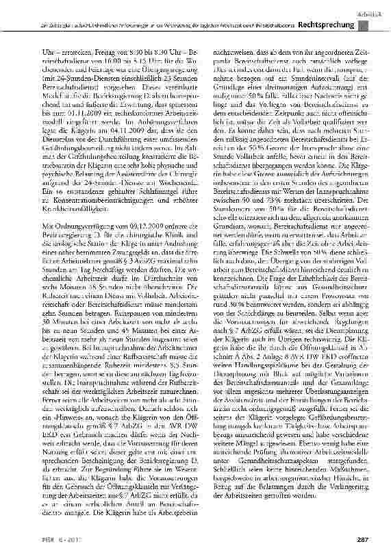 Vorschauseite 2: Zur Zulässigkeit aufsichtsbehördlicher Anforderungen an die Verlängerung der täglichen Arbeitszeit durch Bereitschaftsdienst