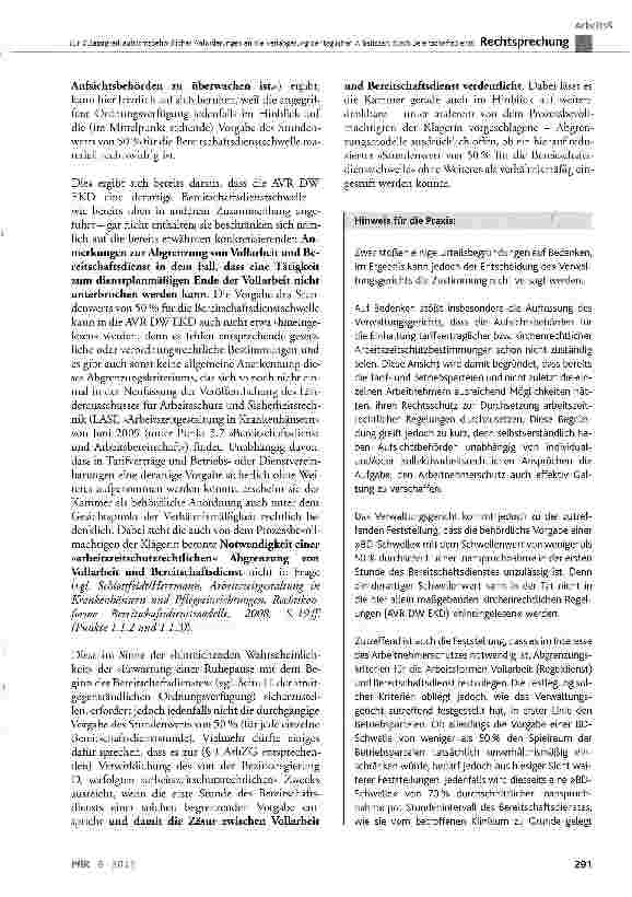 Vorschauseite 6: Zur Zulässigkeit aufsichtsbehördlicher Anforderungen an die Verlängerung der täglichen Arbeitszeit durch Bereitschaftsdienst