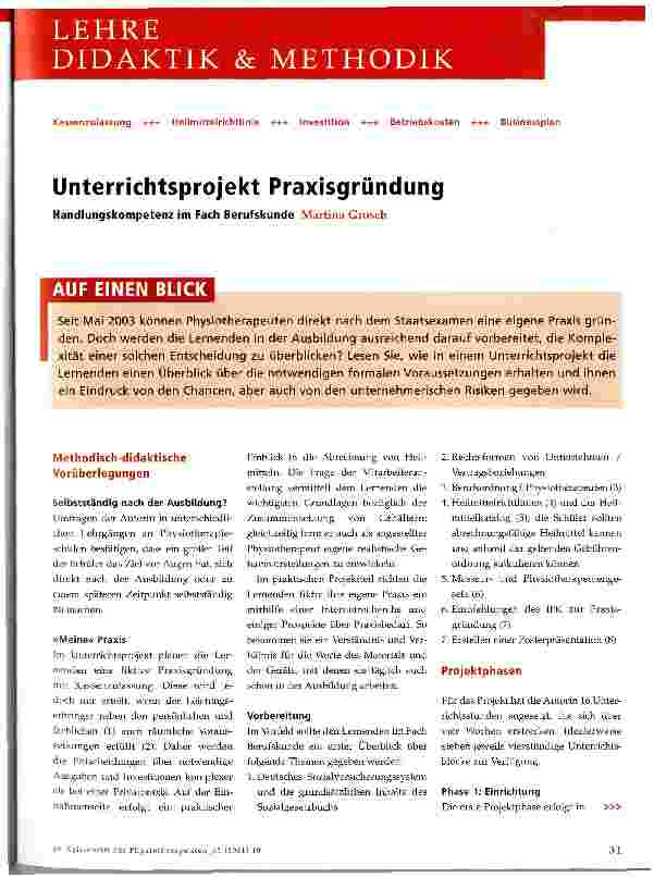 Vorschauseite 1: Unterrichtsprojekt Praxisgründung