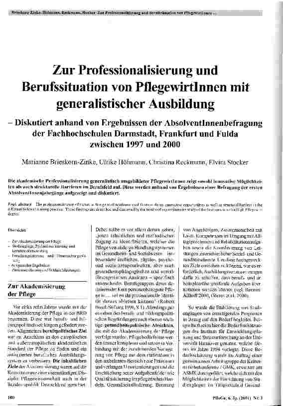 Vorschauseite 1: Zur Professionalisierung und Berufssituation von PflegewirtInnen mit generalistischer Ausbildung