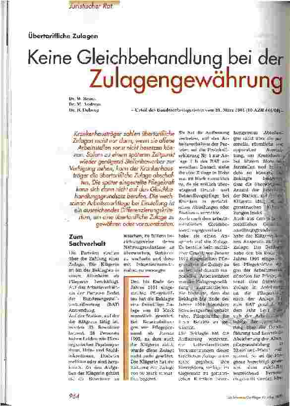 Vorschauseite 1: Keine Gleichbehandlung bei der Zulagengewährung Übertarifliche Zulagen