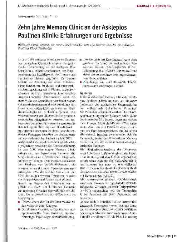 Vorschauseite 1: Zehn Jahre Memory Clinic an derAsklepios Paulinen Klinik: Erfahrungen und Ergebnisse