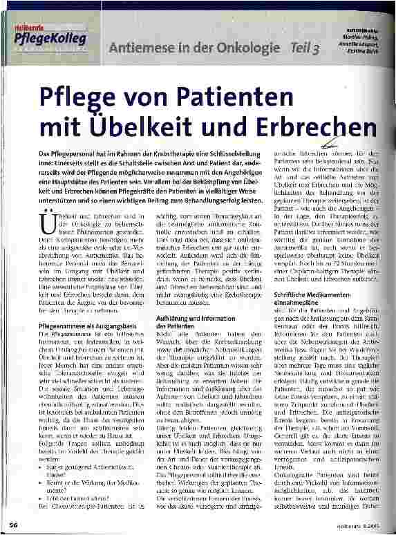 Vorschauseite 1: Pflege von Patienten mit Überkeit und Erbrechen Antiemese in der Onkologie, Teil 3
