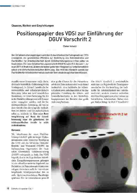 Vorschauseite 1: Chancen, Risiken und EmpfehlungenPositionspapier des VDSI zur Einführung derDGUV Vorschrift 2