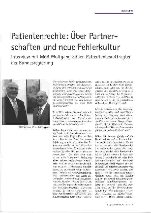 Vorschauseite 1: Patientenrechte: Über Partnerschaften und neue FehlerkulturInterview mit MdB Wolfgang Zöller, Patientenbeauftragter der Bundesregierung