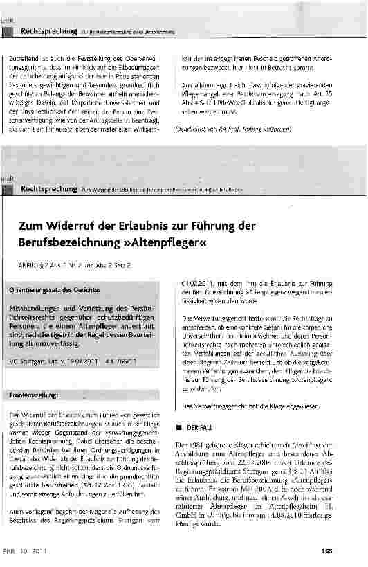 Vorschauseite 1: Zum Widerruf der Erlaubnis zur Führung der Berufsbezeichnung »Altenpfleger«AltPflC § 2 Abs. 1 Nr. 2 und Abs. 2 Satz 2