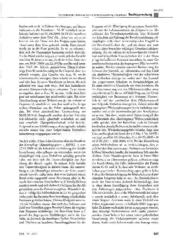 Vorschauseite 3: Zum Widerruf der Erlaubnis zur Führung der Berufsbezeichnung »Altenpfleger«AltPflC § 2 Abs. 1 Nr. 2 und Abs. 2 Satz 2