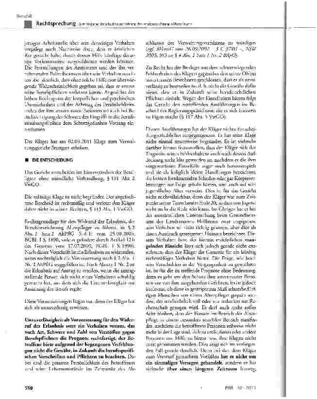 Vorschauseite 4: Zum Widerruf der Erlaubnis zur Führung der Berufsbezeichnung »Altenpfleger«AltPflC § 2 Abs. 1 Nr. 2 und Abs. 2 Satz 2