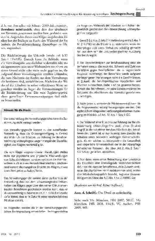 Vorschauseite 5: Zum Widerruf der Erlaubnis zur Führung der Berufsbezeichnung »Altenpfleger«AltPflC § 2 Abs. 1 Nr. 2 und Abs. 2 Satz 2