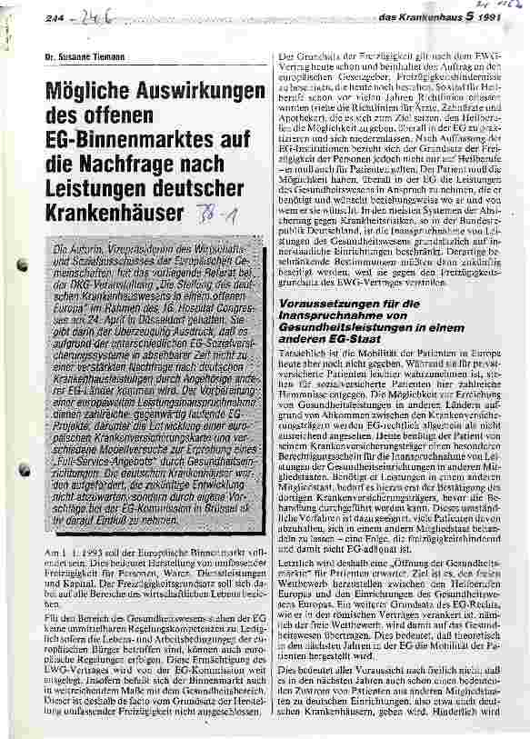 Vorschauseite 1: Mögliche Auswirkungen des offenen EG-Binnenmarktes auf die Nachfrage nach Leistungen deutscher Krankenhäuser
