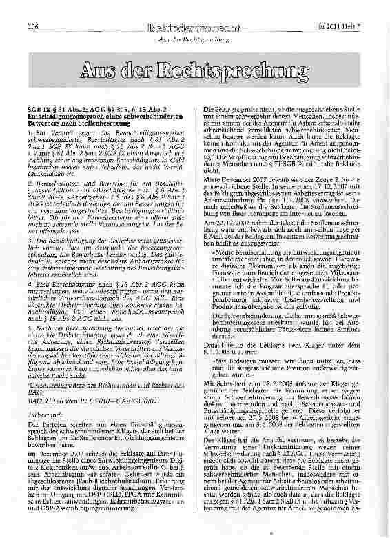 Vorschauseite 1: SGB IX § 81 Abs. 2; AGG §§ 3, 5, 6, 15 Abs. 2 Entschädigungsanspruch eines schwerbehinderten Bewerbers nach Stellenbesetzung