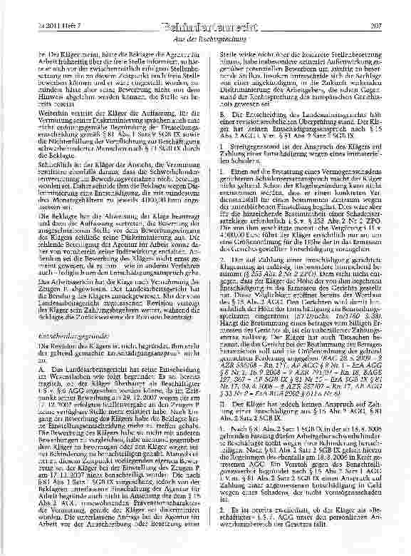 Vorschauseite 2: SGB IX § 81 Abs. 2; AGG §§ 3, 5, 6, 15 Abs. 2 Entschädigungsanspruch eines schwerbehinderten Bewerbers nach Stellenbesetzung