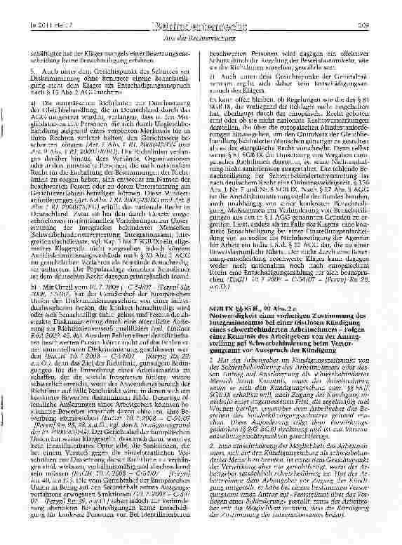Vorschauseite 4: SGB IX § 81 Abs. 2; AGG §§ 3, 5, 6, 15 Abs. 2 Entschädigungsanspruch eines schwerbehinderten Bewerbers nach Stellenbesetzung