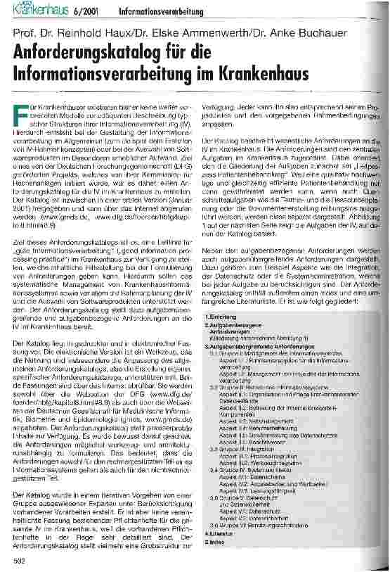 Vorschauseite 1: Anforderungskatatlog für die Informationsverarbeitung im Krankenhaus