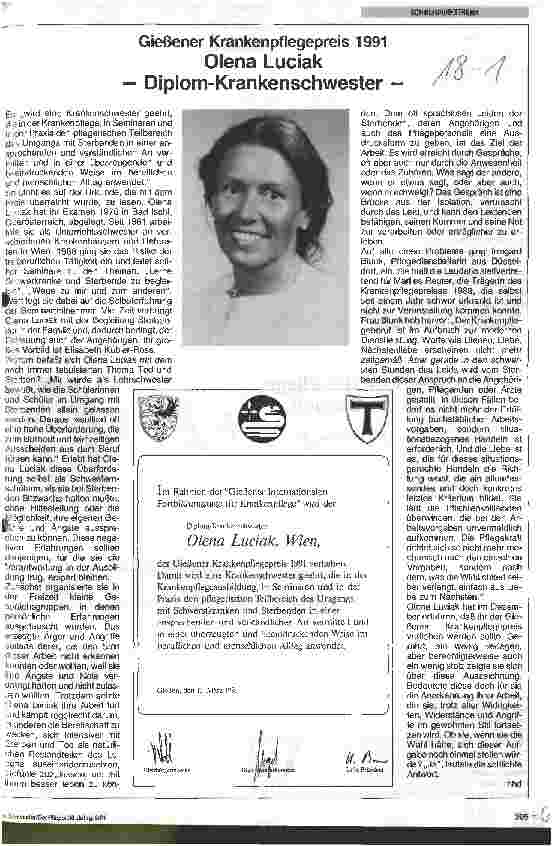 Vorschauseite 1: Gießener Krankenpflegepreis 1991 - Olena Luciak - Diplom-Krankenschwester