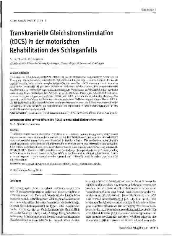 Vorschauseite 1: Transkranielle Gleichstromstimulation (tDCS) in der motorischen Rehabilitation des Schlaganfalls