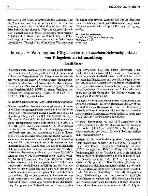 Vorschauseite 1: Internet — Warnung von Pflegekassen vor einzelnen Schwachpunkten von Pflegeheimen ist unzulässig