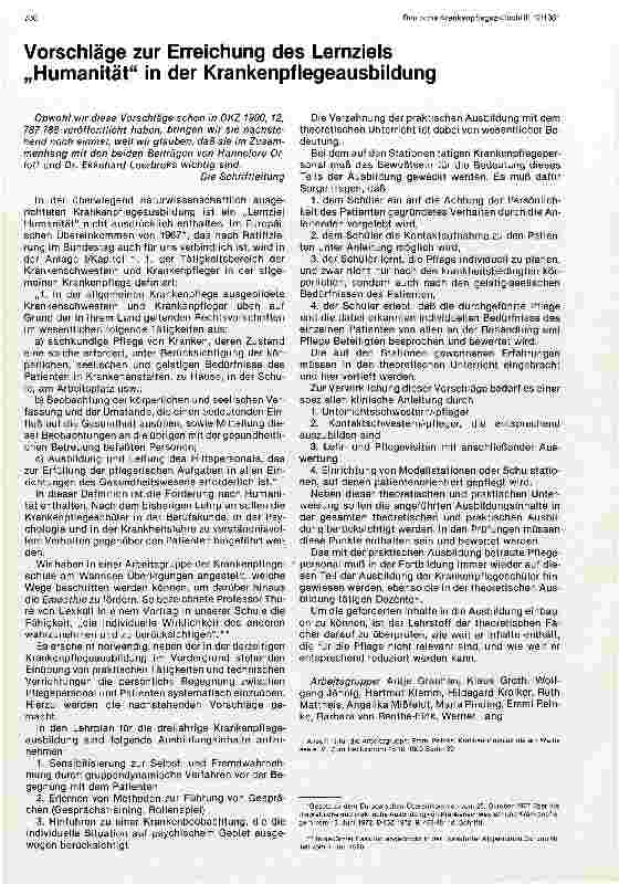 Vorschauseite 1: Vorschläge zur Erreichung des Lernziels Humanität in der Krankenpflegeausbildung