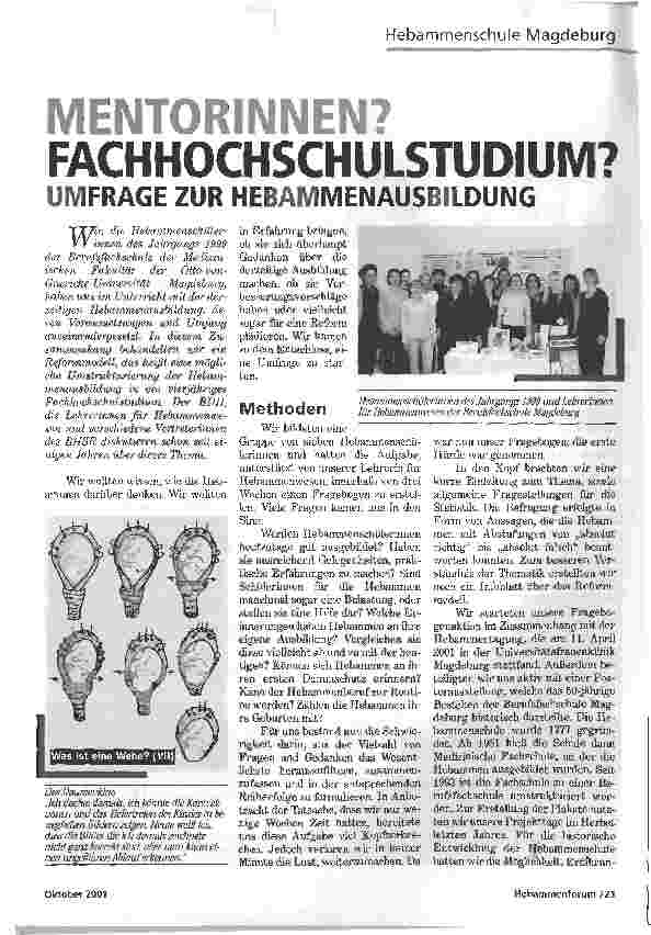 Vorschauseite 1: MENTORINNEN?FACHHOCHSCHULSTUDIUM?UMFRAGE ZUR HEBAMMENAUSBILDUNG