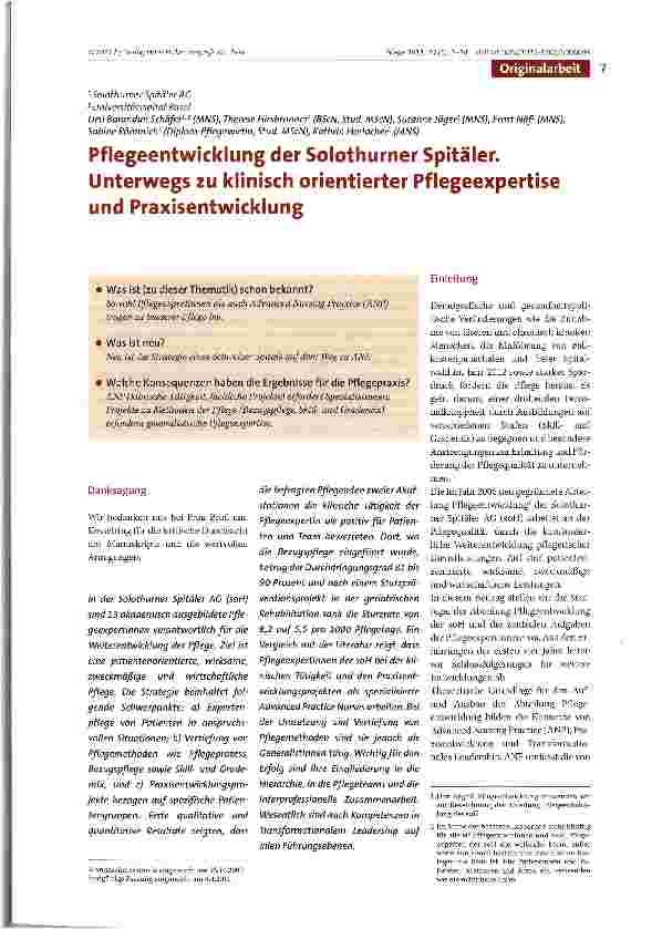 Vorschauseite 1: Pflegeentwicklung der Solothurner Spitäler. Unterwegs zu klinisch orientierter Pflegeexpertise und Praxisentwicklung