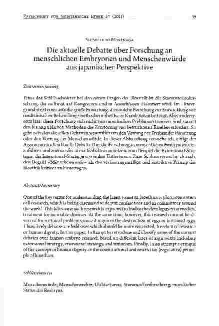 Vorschauseite 1: Die aktuelle Debatte über Forschung an menschlichen Embryonen und Menschenwürdeaus japanischer Perspektive