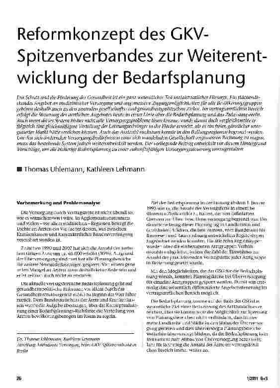 Vorschauseite 1: Reformkonzept des GKV-Spitzenverbandes zur Weiterentwicklung der Bedarfsplanung