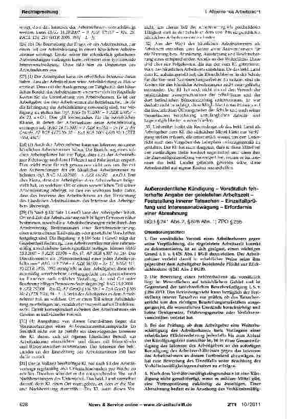 Vorschauseite 1: Außerordentliche Kündigung - Vorsätzlich fehlerhafte Angabe der geleisteten Arbeitszeit -Feststellung innerer Tatsachen - Einzelfallprüfung und Interessenabwägung - Erfordernis ei…