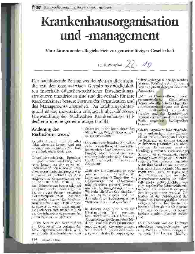 Vorschauseite 1: Krankenhausorganisation und -management Vom kommunalen Regiebetrieb zur gemeinnützigen Gesellschaft
