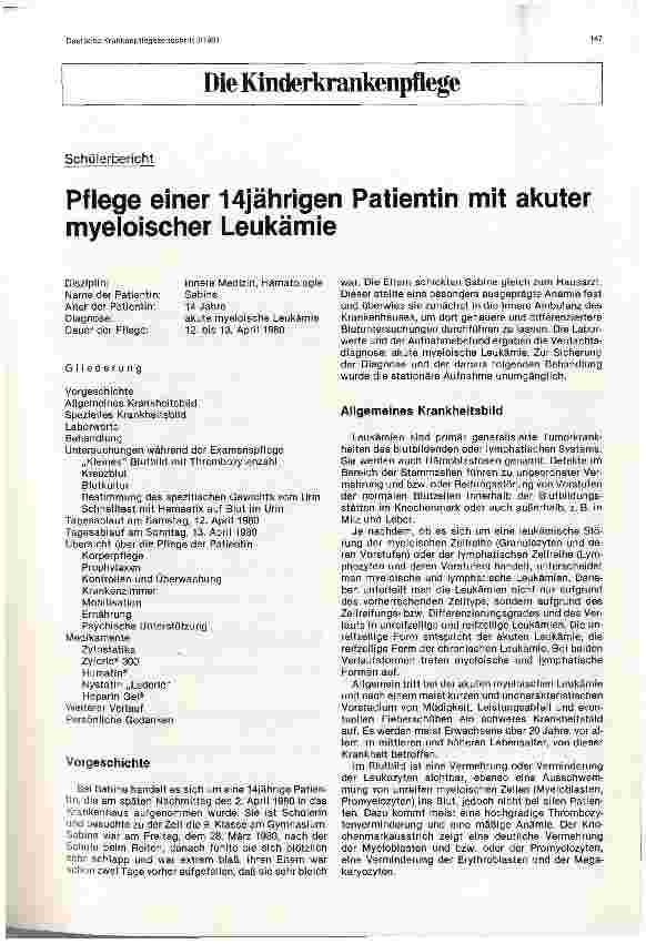 Vorschauseite 1: Pflege einer 14jährigen Patientin mit akuter myeloischer Leukämie