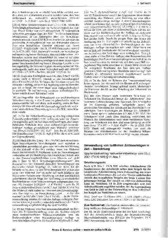 Vorschauseite 1: Umwandlung von tariflichen Zeitzuschlägen in Zeit - BerechnungSpartentarifvertrag Nahverkehrsbetriebe vom 25.5. 2001 {TV-N NW) §11 Abs.1