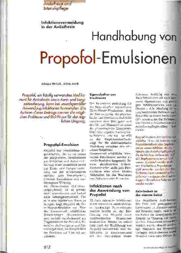 Vorschauseite 1: Handhabung von Propofol-Emulsionen Infektionsvermeidung in der Anästhesie