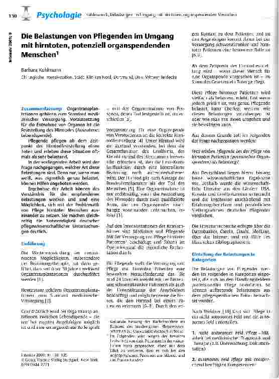 Vorschauseite 1: Die Belastungen von Pflegenden im Umgang mit hirntoten, potenziell organspendenden Menschen
