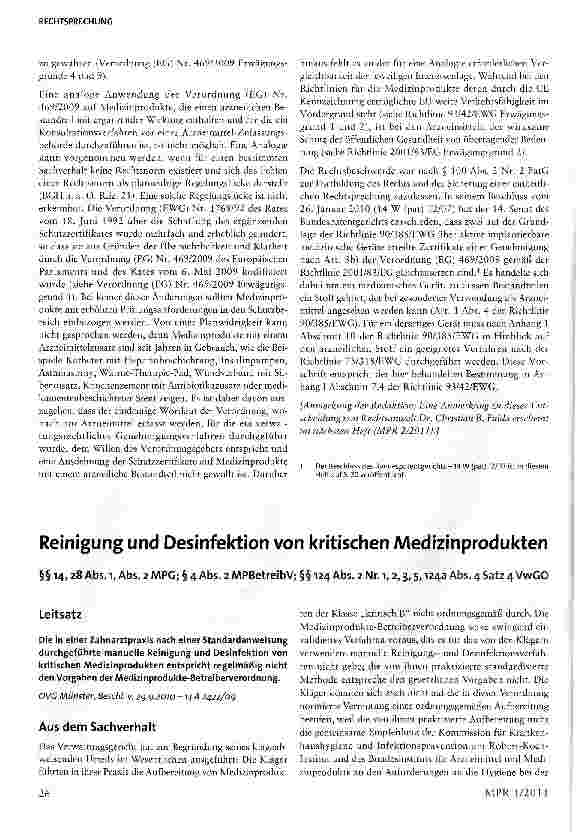 Vorschauseite 1: Reinigung und Desinfektion von kritischen Medizinprodukten§§ 14, 28 Abs. 1, Abs. 2 MPG; § 4 Abs. 2 MPBetreibV; §§ 124 Abs. 2 Nr. i, 2, 3, 5, 124a Abs. 4 Satz 4 VwGO