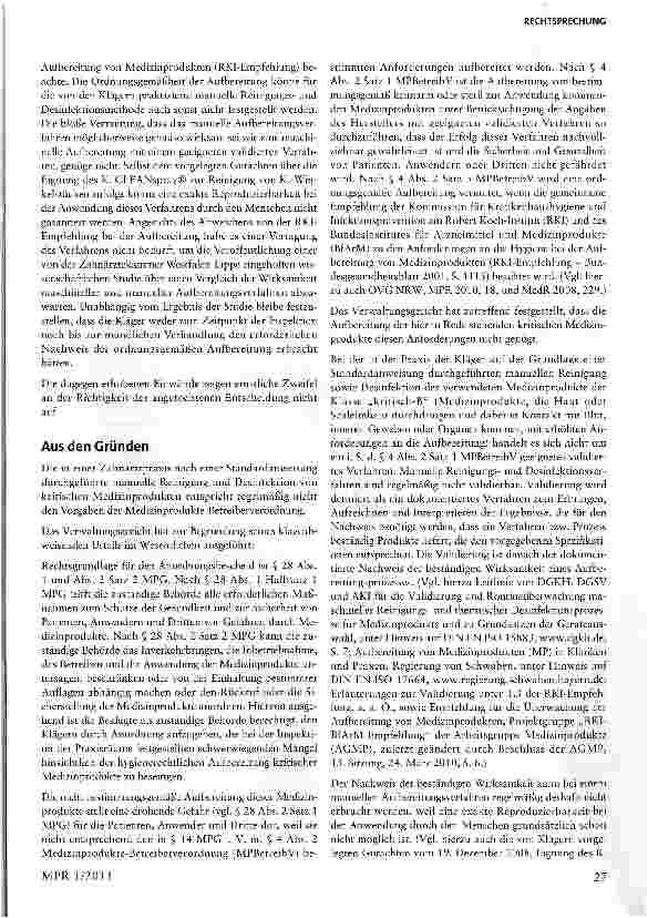 Vorschauseite 2: Reinigung und Desinfektion von kritischen Medizinprodukten§§ 14, 28 Abs. 1, Abs. 2 MPG; § 4 Abs. 2 MPBetreibV; §§ 124 Abs. 2 Nr. i, 2, 3, 5, 124a Abs. 4 Satz 4 VwGO