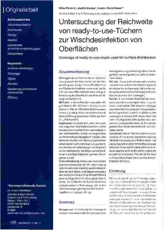 Vorschauseite 1: Untersuchung der Reichweite von ready-to-use-Tüchern zur Wischdesinfektion von Oberflächen