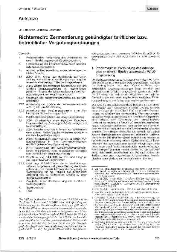 Vorschauseite 1: Richterrecht: Zermentierung gekündigter tariflicher bzw. betrieblicher Vergütungsordnungen