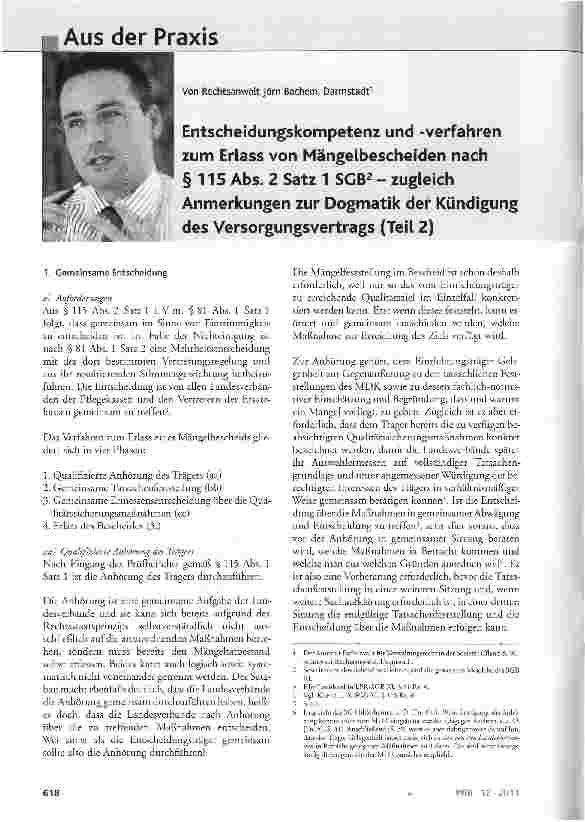 Vorschauseite 1: Entscheidungskompetenz und -verfahren zum Erlass von Mängelbescheiden nach § 115 Abs. 2 Satz 1 SGB2 - zugleich Anmerkungen zur Dogmatik der Kündigung des Versorgungsvertrags (Teil…