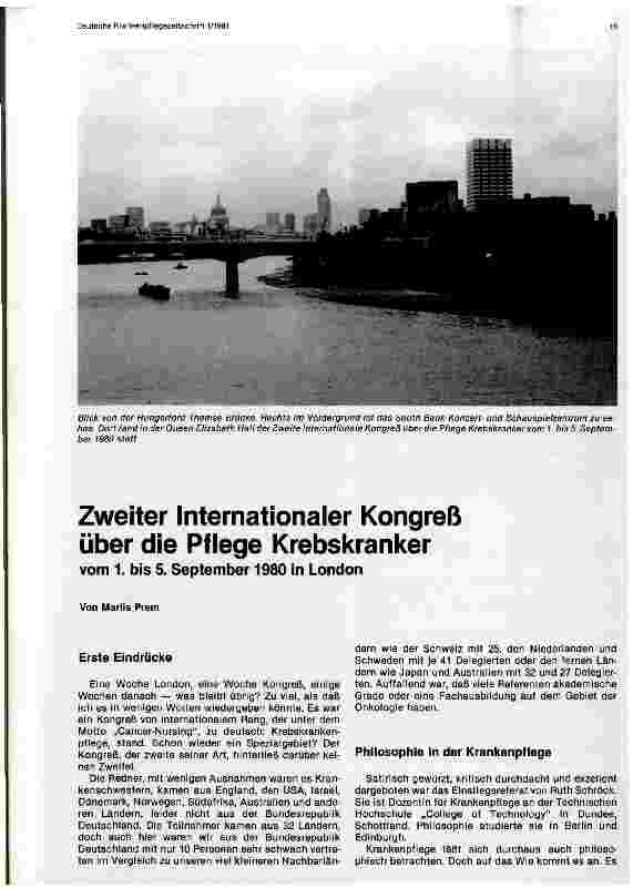 Vorschauseite 1: Zweiter Internationaler Kongreß über die Pflege Krebskranker vom 1. - 5. September in London