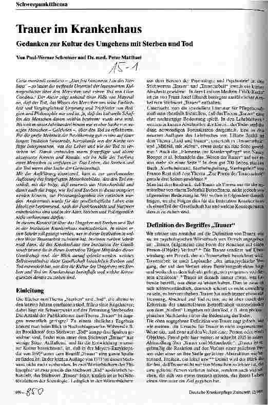 Vorschauseite 1: Trauer im Krankenhaus Gedanken zur Kultur des Umgehens mit Sterben und Tod